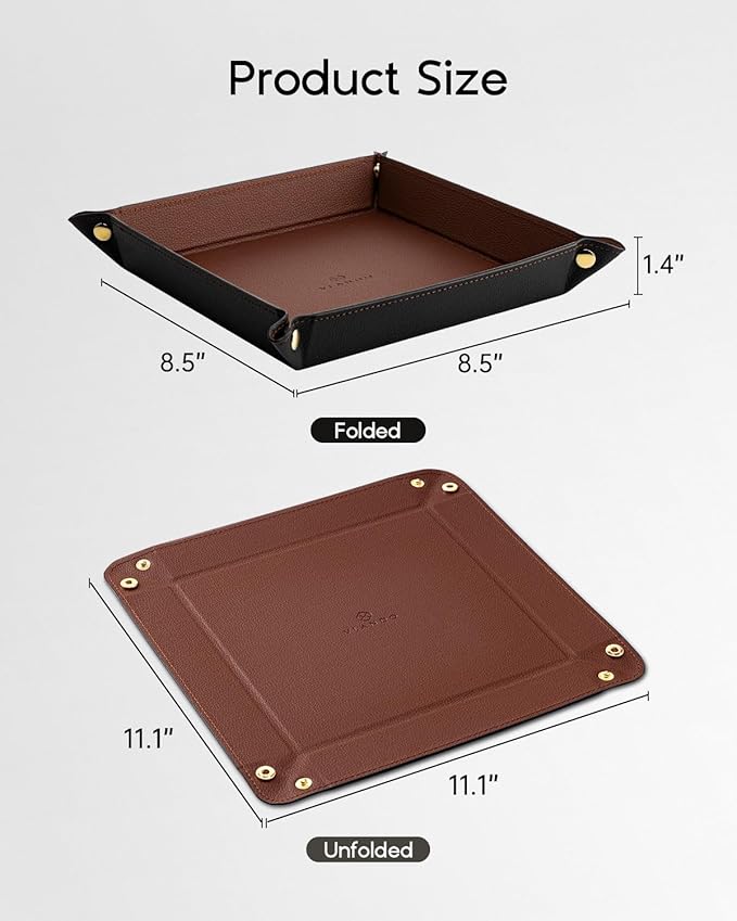 Valet Tray for Men Women, Nightstand Organizer Vanity Catchall Holder for Dresser Desk Storage Bedside, Travel PU Leather Jewelry Key Bowl Coin Watches and Candy Entryway Tray - Large, Brown