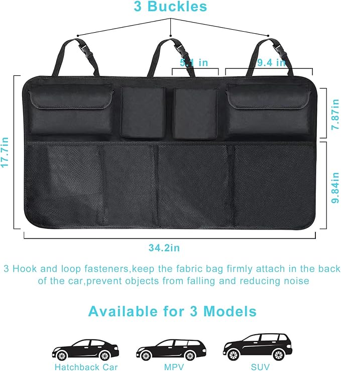 Trunk Organizer with 8 Storage Pockets, 1 Pack Rear Seat Organizer Keep SUV, MPV, TRUCK Organized & Tidy, Travel Accessories, Space Saver