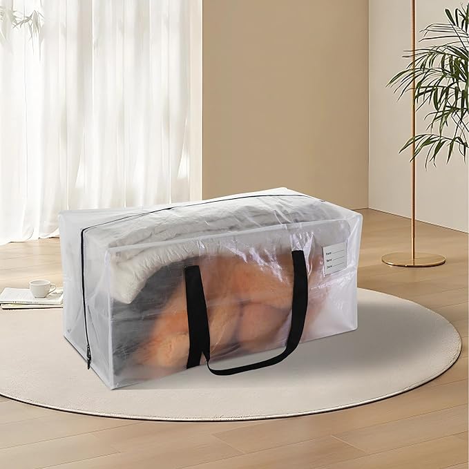 8 Pack Heavy Duty Extra Large Moving Bags with Black Handles, Waterproof Foldable Storage Totes,Clothing Storage Bags,Packing Moving Boxes for College Supplies & Seasonal Storage,Clear