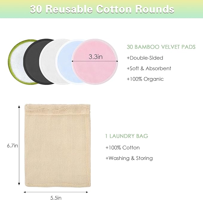 Chloven Reusable Cotton Rounds - 30 Pack Washable Bamboo Makeup Remover Pads for Gentle Cleansing Reusable Face Pads for Skincare & Nail Polish Removal with Mesh Storage Bag