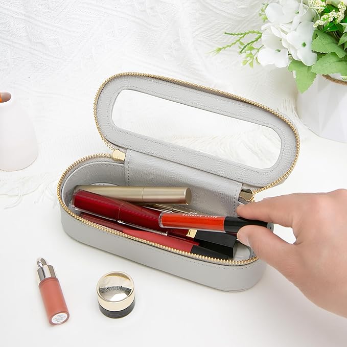 Aveniee Slim Clear Makeup Brush Bag, Small Cosmetic Brush Holder, Mini Toiletry Bag Travel Case for Women, Thin Makeup Bags with Dual Zipper, Cute Travel Essentials Bag Organizer - Grey