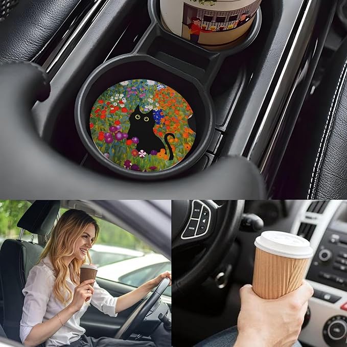 Car Cup Holder Coasters, 2 Pcs Ceramic Coasters with Cork Back and Finger Slot, Anti-Slip Shock Absorbing Women and Men Universal Car Accessories - Long-Tailed Cat