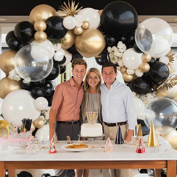 Black and White Sand Balloons Arch Kit, 128pcs Matte Black White Cream Balloons Garland Kit with Chrome Gold Clear Balloons for Birthday Party Graduation Wedding New Year Eve Decorations