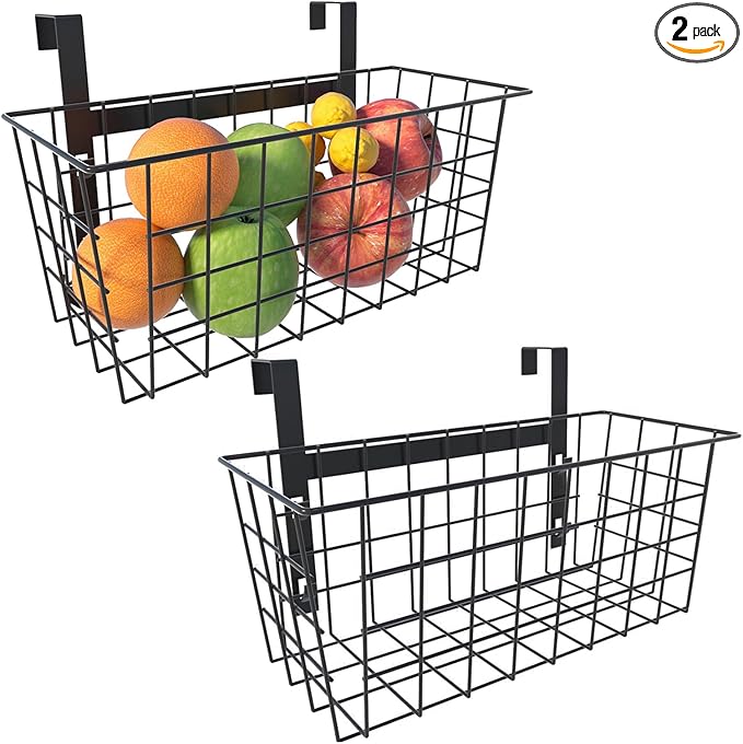 MaraFansie Hanging Kitchen Baskets Wire Storage Basket Over the Cabinet Door Organizer, No Drilling Adhesive Basket for Cabinet Pantry Organization and Kitchen, Bathroom, Storage Black, 2 Pack(New)