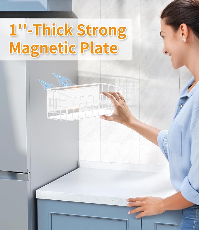 1-Pack Magnetic Spice Rack for Refrigerator, Versatile Magnetic Shelf Organizer with 1 Hooks for Kitchen Storage, Large Capacity Spice Rack for Fridge, Oven, or Cabinet - White