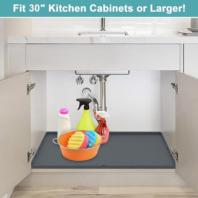 Waterproof Under Sink Mat, 28" x 19" Silicone Under Sink Mats for Kitchen, Under Kitchen Sink Mats and Protector Mat, Sink Cabinet Protector Mats for Bathroom, Gray