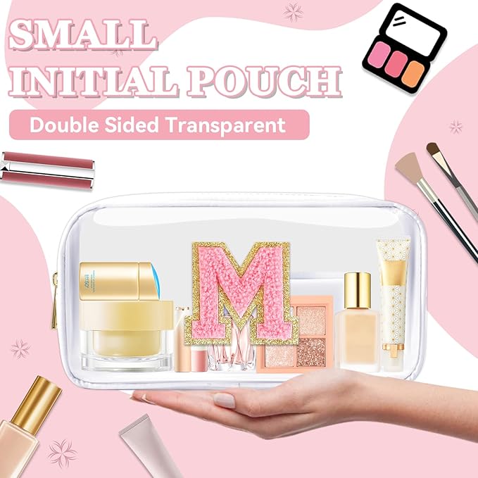 Small Clear Personalized Initial Makeup Bag,Nylon Preppy A-Z Chenille Letter Patch Cosmetic Pouch Beach Toiletry Bag,Waterproof Zipper Travel Purse Storage Bag Organizer for Women Girls(White-Pink M)