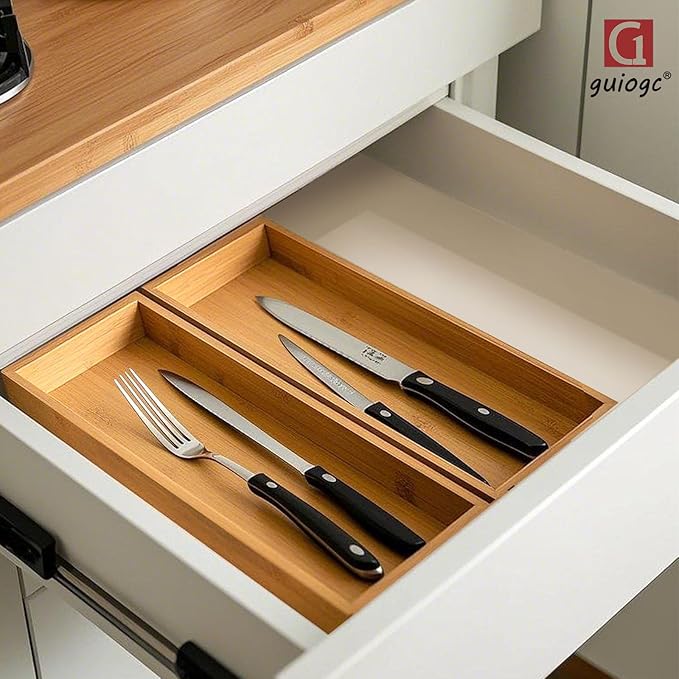 Bamboo Drawer Organizer, Utensil Organizer for Kitchen, Bamboo Storage Box Wood Silverware Tray for Drawer Set of 2
