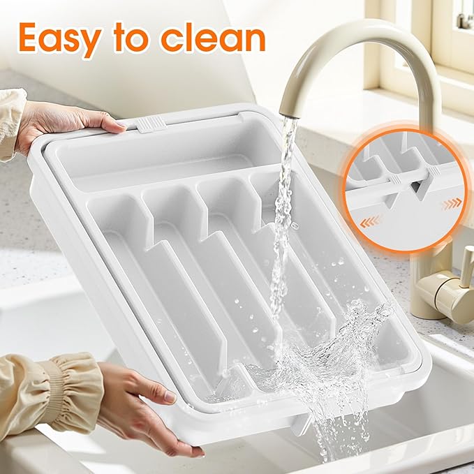 SpaceHacks Silverware Organizer,Adjustable & Expandable Utensil Drawer Organizer, BPA Free Utensil Holder, Cutlery Tray for Forks, Spoons, Knives in Kitchen, Medium, White