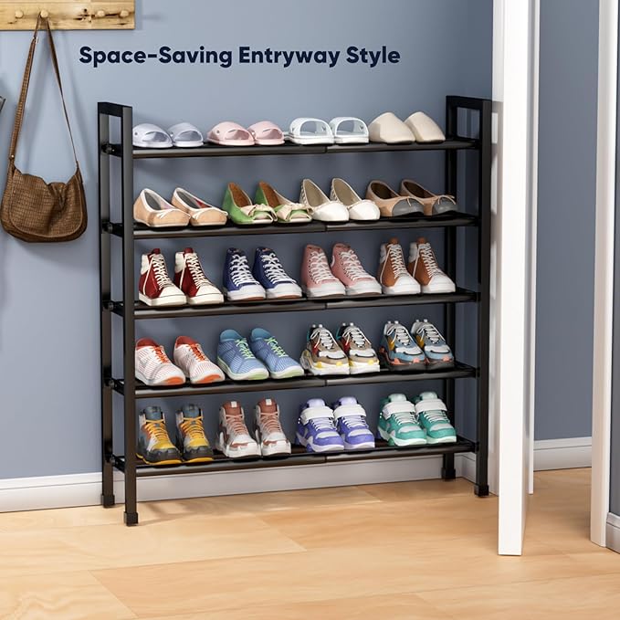 Abiglifty 5-Tier Expandable Shoe Rack,17"-33" Adjustable Shoe Rack for Closet,Metal Shoes Shelves for Front Door Entrance, Garage & Corridor, Free Standing Shoe Holders, Easy to Assemble,Black