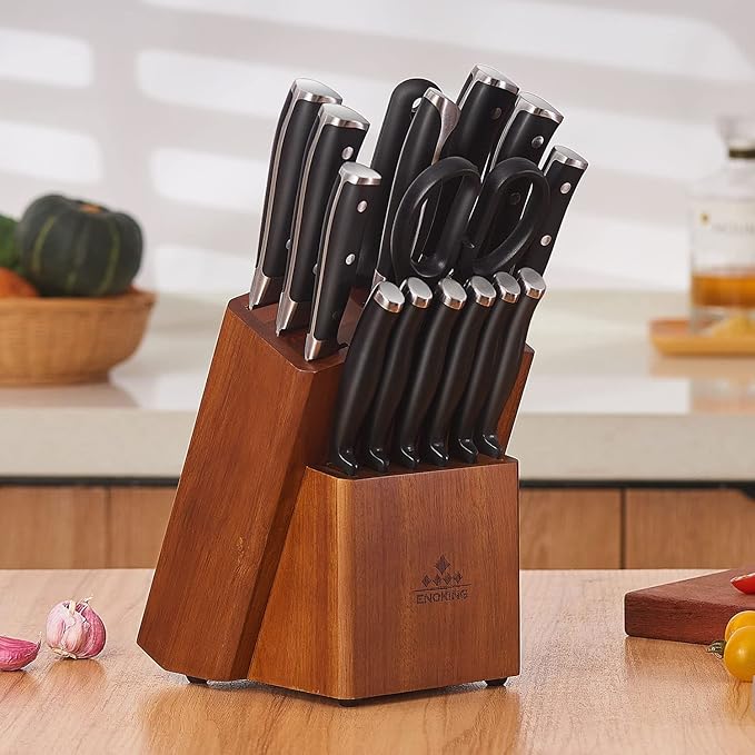 ENOKING 15 Slots Universal Knife Block, Acacia Wood Knife Block without Knives, Knife Holder for Kitchen Counter - Wider Angled Openings for Keeping Knives Sharp