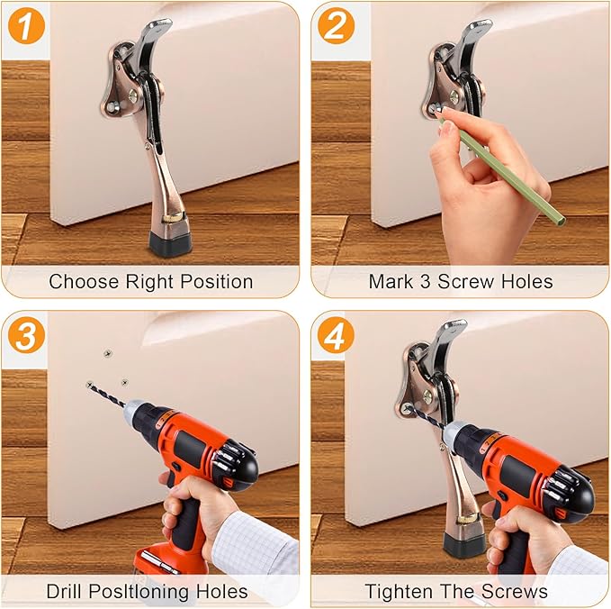Kickdown Door Stopper 4 Inches - 2 Packs One Touch Adjustable Height Door Stop for The Bottom of Door Aluminum Alloy Metal Door Stopper with Rubber Tip & Wall Protectors for Wide Doors Copper