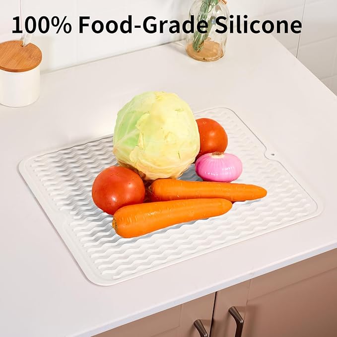 ZLR Silicone Dish Drying Mat for Kitchen Counter, Eco-Friendly Fast Dry Dish Mat, Easy Clean Multi Usage Drying Matt, Heat Resistant Trivet, 16" x 12" Large, Milk White