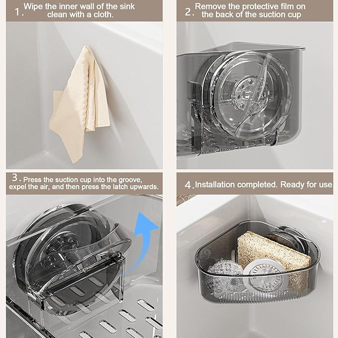 2PCS Sink Organizer Rack for Kitchen for Sponges, Scrubbers, Sink Corner Drain Box,with Adhesive Suction Cup Mount (Black)