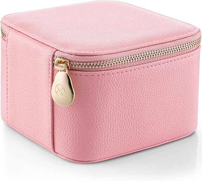 Vlando Travel Jewelry Box for Women,Faux Leather Jewelry Case with 6 Velvet Jewelry Zipper Pockets,Gift Ideas for Women Wife Earrings Necklace Rings Storage Boxes(Strawberry Pink)