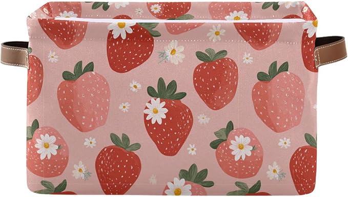 Aslsiy Storage Basket Fresh Strawberry Pink Nursery Bins Baby Toys Box Canvas Clothes Shelf Basket Laundry Hamper Gift Basket for Home Closet 2 Pcs