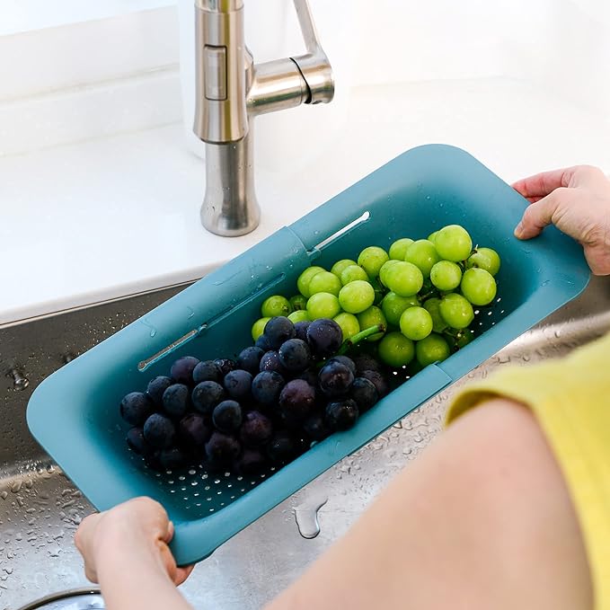 BLUE GINKGO Over the Sink Colander Strainer Basket - Wash Vegetables and Fruits, Drain Cooked Pasta and Dry Dishes - Extendable - New Home Kitchen Essentials (7.9 W x 14.5-19.5 L x 2.75 H) - Teal