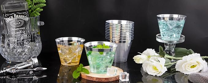 Hioasis 200Pcs 9OZ Clear Plastic Cups with silver Trim - Plastic Disposable Cups, Heavy Duty & BPA-free for Party, Wedding, Celebration