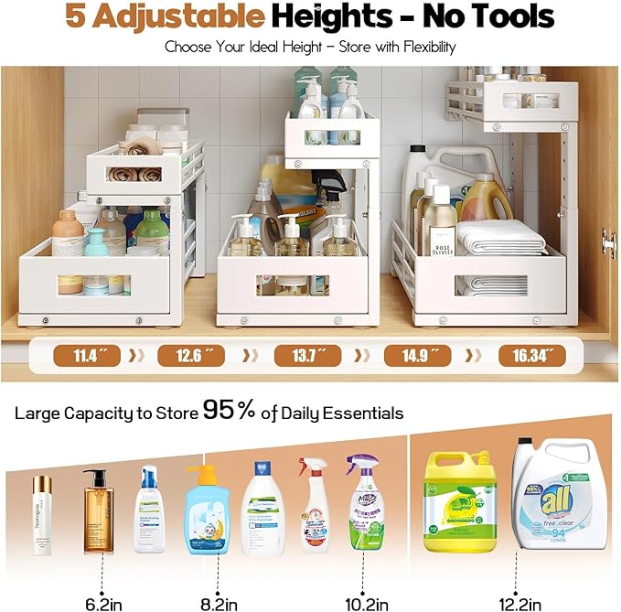 1-Pack Under Sink Organizers and Storage, 2-Tier L-Shape Pull Out Cabinet Organizer with Round Tube Slide Rails, Height Adjustable Slide Out Drawers for Kitchen & Bathroom, Multi-Purpose Storage Shelf - White
