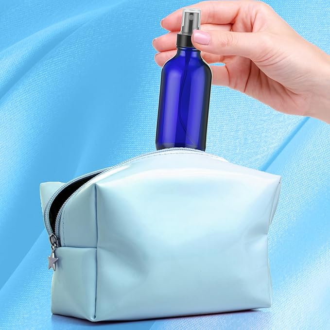 Fumete 2 Pack Glass Bottles 4oz Empty Refillable Liquid Containers with 1 Label 1 Funnel for Essential Oils Hair Travel Plants Cleaning Skin Care(Blue, Black Top,Mist Bottle)