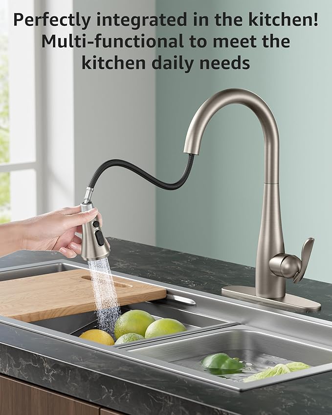 Mbillion Universal Brushed Nickel Kitchen Faucet Sprayer Head Replacement, 3 Function ABS Sink Faucet Head, Pull-Down Nozzle with 14 Adapters, Compatible with Moen,Delta,Kohler,WEWE American Standard