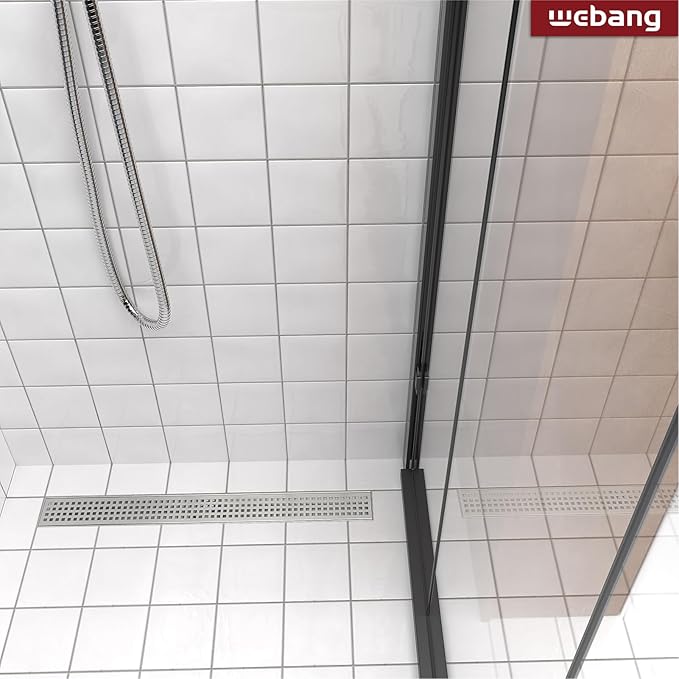 WEBANG 48 Inch Linear Shower Drain Rectangular Floor Drain with Accessories Square Hole Pattern Cover Grate Removable SUS304 Stainless Steel CUPC Certified Brushed