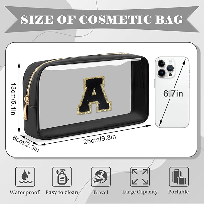 Personalized Initial Letter Clear Makeup Bag, Preppy Small Nylon&PVC Cosmetic Zipper Bag with Chenille Letter, Travel Skincare Toiletry Bag, Monogram Christmas Gift for Teen Girls Women, A