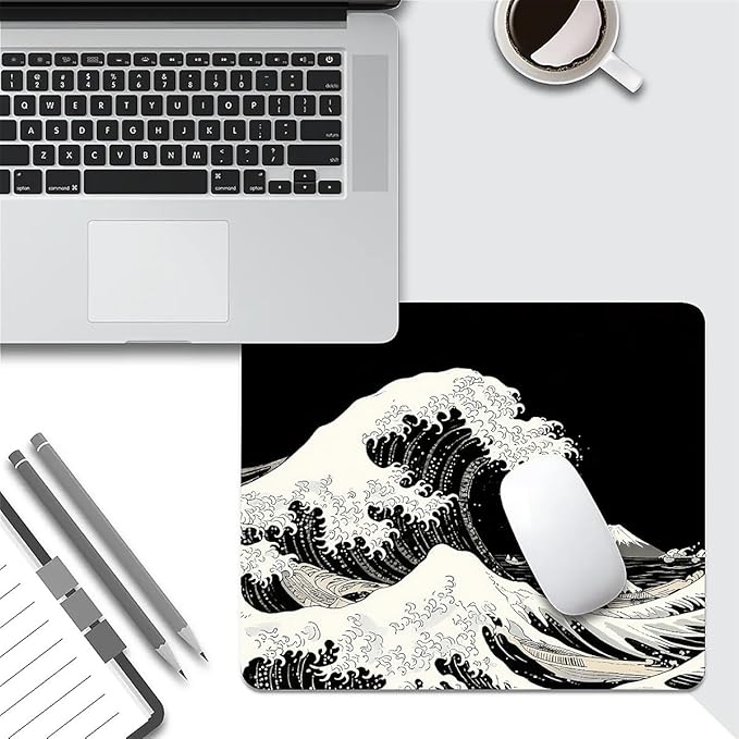Square Mouse Pad Black Japanese Wave, Personalized Premium-Textured Custom Mouse Mat Design, Washable Mousepad Cloth, Non-Slip Rubber Base Computer Mouse Pads for Wireless Mouse