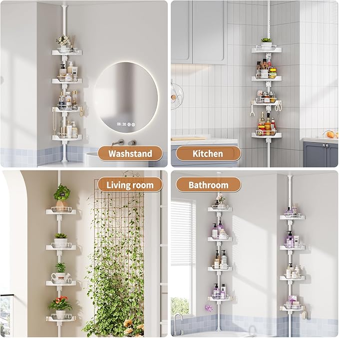 360° Rotating Shower Caddy Tension Pole, 4 Tiers Corner Shower Organizer for Bathroom Shelf Bathtub, Adjustable Standing Shower Rack Bathroom Accessories, Easily Assemble, 34-124 Inch Height, White