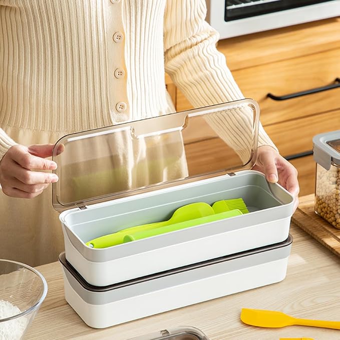 Plastic Kitchen Drawer Organizer with Lid and Drainer Stackable Utensil Holder for Countertop Silverware Tray White Flatware Organizers - 12.6x4.7x2.4 Inch Storage Box Spatula Cutlery Tray