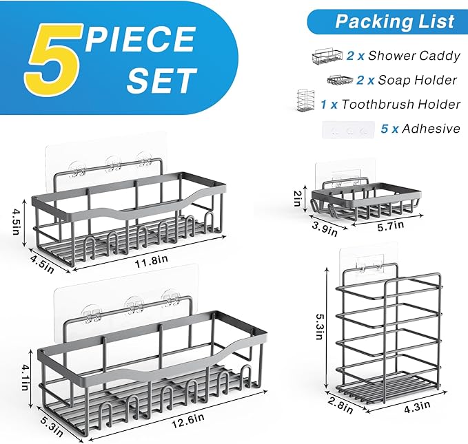EUDELE 5-Pack Rustproof Stainless Steel Shower Caddy – No Drill Adhesive Bathroom Organizer with Large Capacity, Spacious Shower Shelves for Inside Shower, Kitchen & Home Decor Storage - XL Size