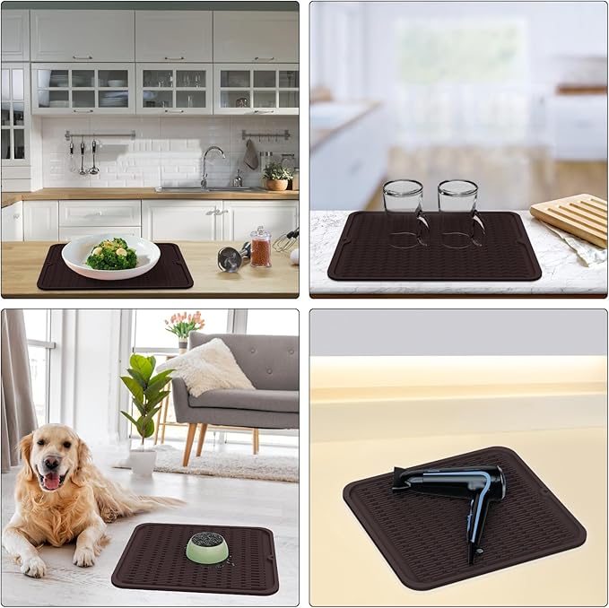ZLR Silicone Dish Drying Mat for Kitchen Counter, Eco-Friendly Fast Dry Dish Mat, Easy Clean Multi Usage Drying Matt, Heat Resistant Trivet, 12" x 12" Middle, Coffee