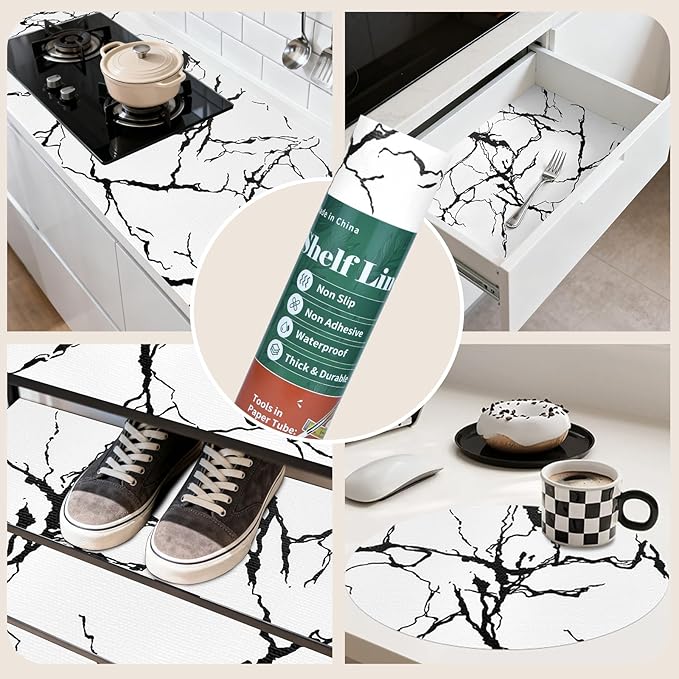 2-Layer Drawer and Shelf Liner for Kitchen Cabinet: 12 in X 20 Ft Non Slip Waterproof Shelf Paper Non Adhesive Refrigerator Liners White/Black Marble Easy Liners for Bathroom with Knife Tape Measure