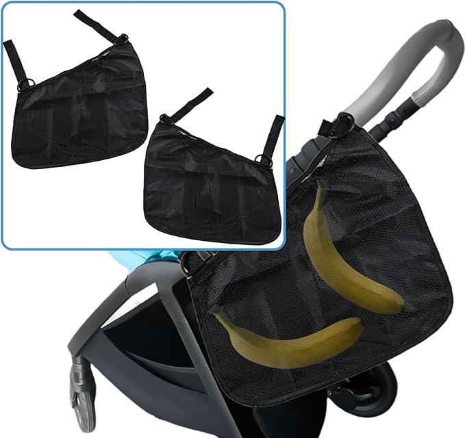 2 Pack Universal Side Sling Stroller Organizer with Mesh Cargo Net, Adjustable and Non-Slip Stroller Storage Bags, Portable Side Sling Stroller Cargo Net for Baby Accessories (Black)