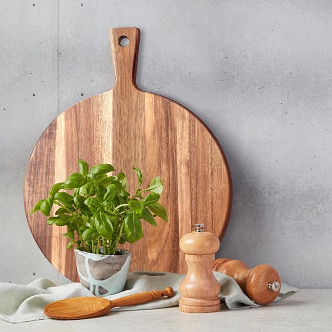 21"x16" XL Extra Large Acacia Wood Cutting Board with Handle Round Wooden Charcuterie Boards Meat Chopping Board Bread Serving Cheese Platter Big Pizza Cutting Boards for Kitchen Carving Butcher Board