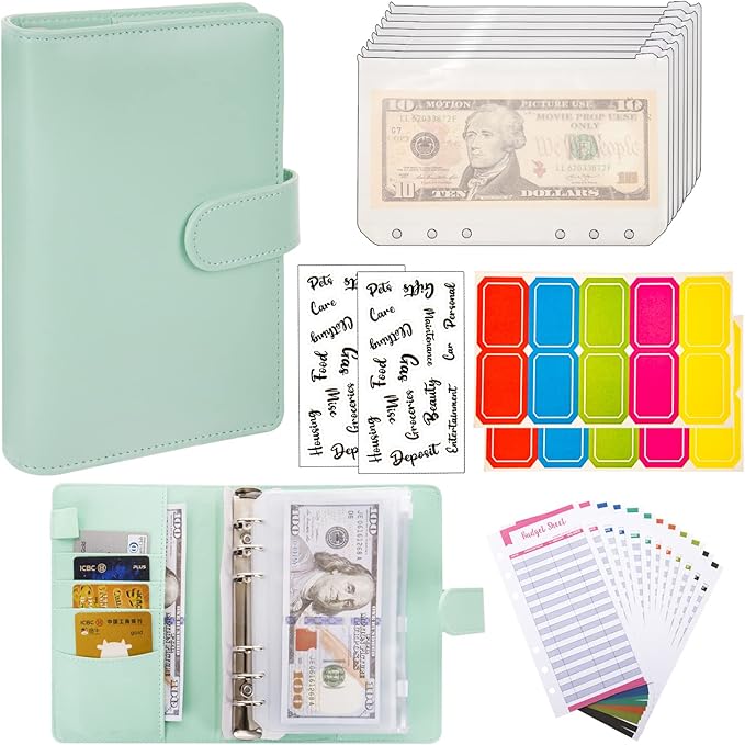 NICOOTHBudget Binder Cash Envelopes A6 Money Saving Binder with Zipper envelopes (Green)