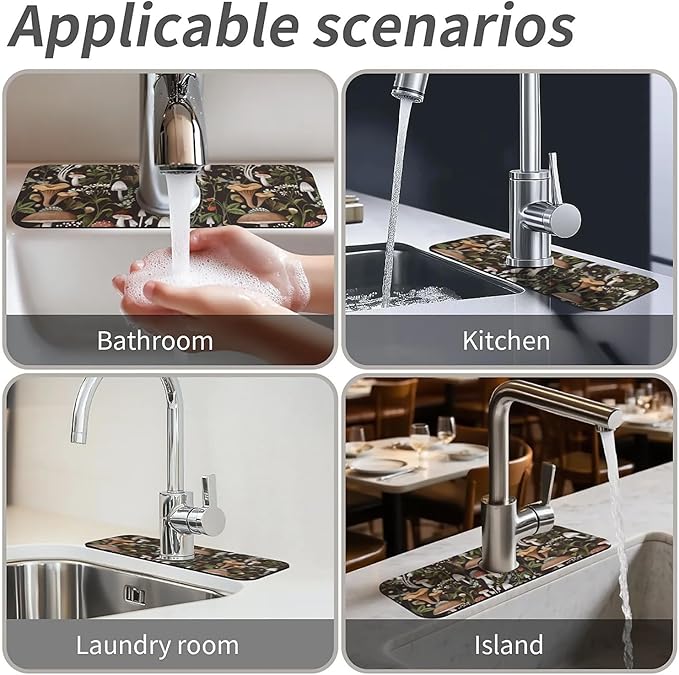 Kitchen Sink Splash Guard, Bobo Mushrooms Faucet Mat Sink Gadgets - Super Absorbent Fast Drying Mat Drip Catcher for Kitchen, Bathroom, Sink Mat, Dish Drying Mat, Bathroom (15" X 5.5")