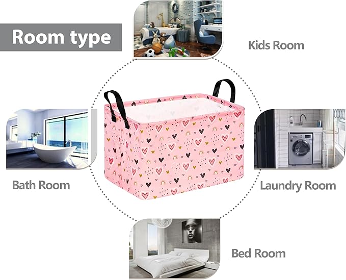 Rec Pink Heart Print Box Hamper Storage Basket Collapsible Organizer Bin Gift Shelf Baskets for Home and Kitchen Storage