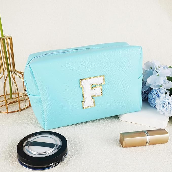 Gifts for Girls Initial Makeup Bag Personalized Cosmetic Bag with Zipper Cute Travel Toiletry Bag Waterproof PU Preppy Makeup Pouch Birthday Gift for Teen Girls Women(Blue F)