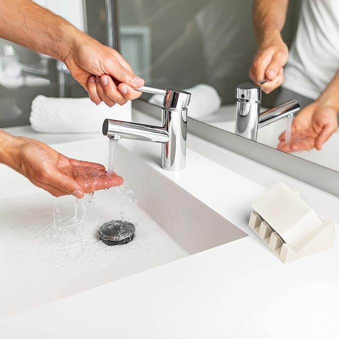 iSoapStone Silicone Soap Dish (USA Patented) Self Draining Bar Soap Holder for Shower Bathroom Sink, Drying Soap Dish Tray Sponge Holder Easy Cleaning Soap Saver Travel Accessories (Beige, 2)