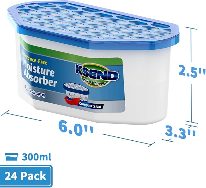 Ksend Moisture Absorbers, 24 Pack, Compact Dehumidifier for Closet, Efficient Humidity Absorber Boxes, Moisture Absorber for Closet, Odor Eliminator with Fragrance Free, Blue, 6.4oz, 300ml