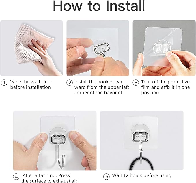 12 Pack Large Adhesive Hooks for 44 lb(Max) Hanging Heavy Duty, Self Adhesive Sticky Hooks Waterproof Stainless Steel Wall Hook for Home Bathroom Shower Kitchen Outdoor Utility Hooks