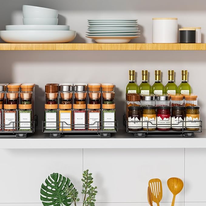 RCHYFEED Pull Out Spice Rack Organizer for Cabinet, Slide out Spice Organization for Inside Cabinets, Heavy Duty Seasoning Organizer Fits Kitchen and Pantry, Sauces, Canned (10.5''Wx10.5''Dx2.5''H)