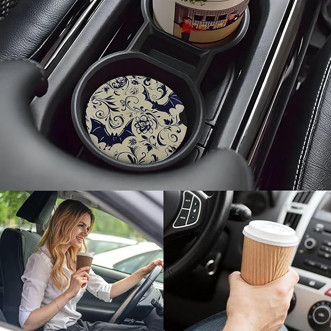 Car Cup Holder Coasters, 2 Pcs Ceramic Coasters with Cork Back and Finger Slot, Anti-Slip Shock Absorbing Women and Men Universal Car Accessories - Bat