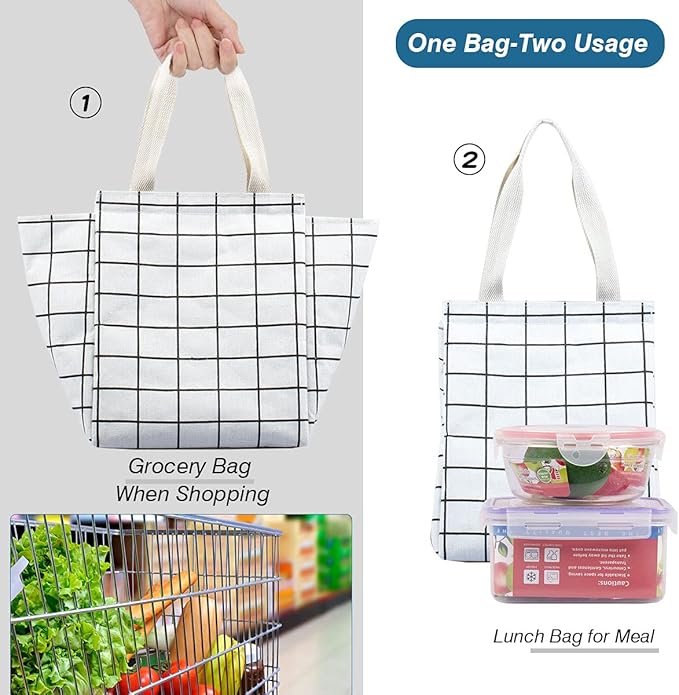 iknoe Insulated Lunch Bag for Women & Adults, 9L Foldable Wide-Open Cooler Bag with Pockets, Leakproof & Portable, for Picnic, Office, Beach (White Grid)