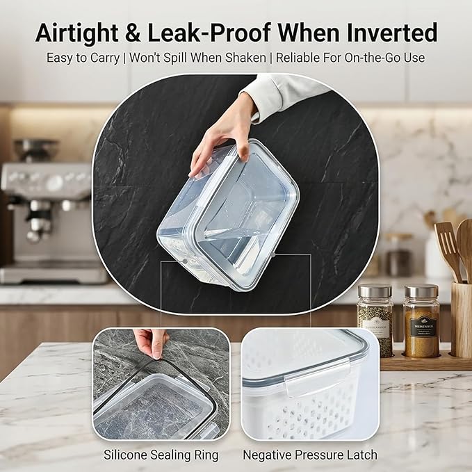 Fruit storage containers for fridge,with detachable drainer basket and airtight seal, stackable produce organizer, prolongs freshness of berries, greens, meats