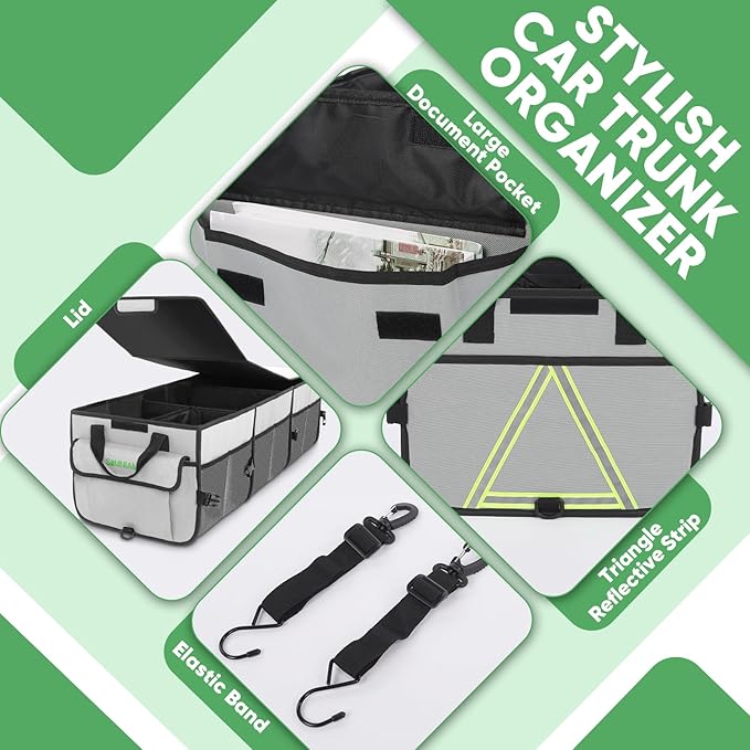 Simniam Car Trunk Organizer with Insulated Grocery Bag - 110L High Capacity Car Storage Box, with 4 Compartments, Reflective Strip, Cover, for Auto, SUV, Truck, Minivan