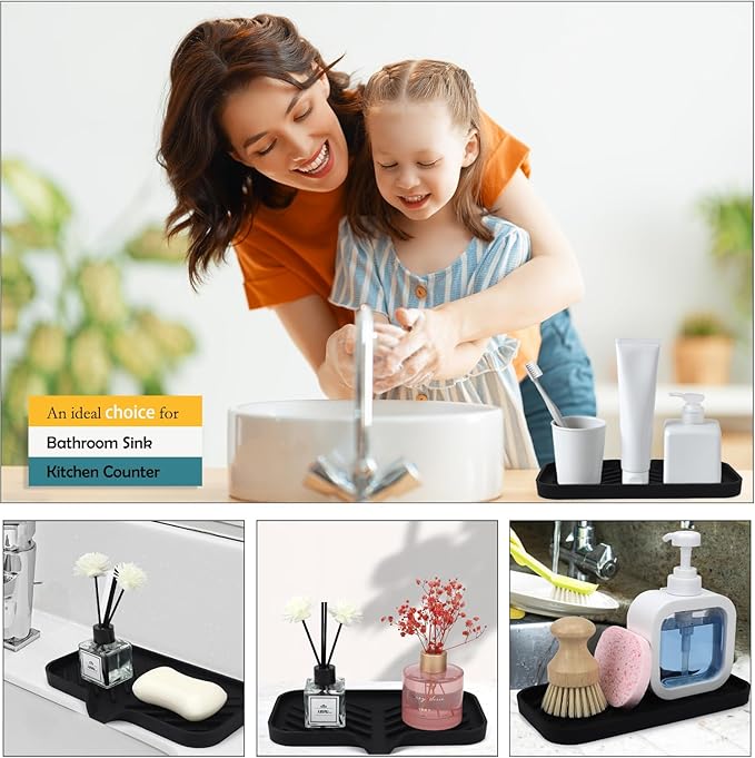 Yasmen Silicone Bathroom Soap Dishes, Sink Sponge Holder for Kitchen, Rubber Soap Dish with Drain, Shower Soap Sponge Tray, Sink or Counter Organizer, for Bar Soap, Bottle, Dish Soap Dispenser-Black