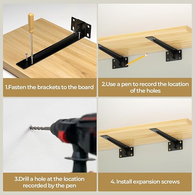 8" Heavy Duty Shelf Brackets (Set of 4) - 1500 lbs Capacity, Hooks for Wall Mounted Shelves, L-Shaped Floating Shelf Brackets with Hanging - Industrial Strength, Black