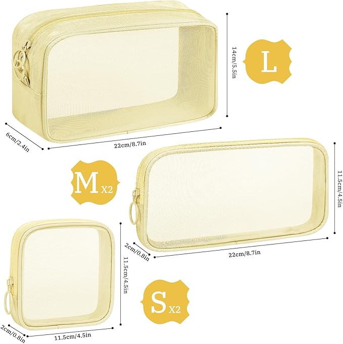 5 Pieces Mini Zipper Nylon Mesh Pouch, Mesh Cosmetic Bags Makeup Bags, Multipurpose Travel Toiletry Bags for Office Supplies and Travel Accessories (Beige, Assorted Sizes)